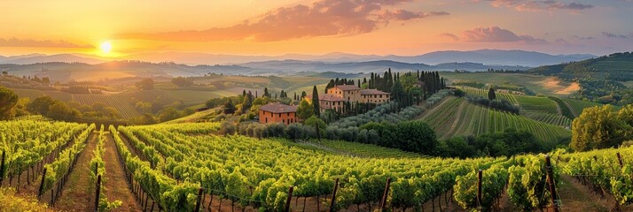 The radiant sun dips below the horizon, casting a warm glow over the vineyard nestled in the hills, creating a stunning silhouette of the vines and the landscape Tuscany, Italy 
