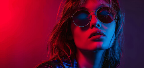 Obraz premium Portrait of fashion young girl in cool sunglasses in red and blue neon light in the studio. Glitch cyber effect created with Generative AI technology