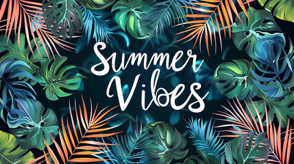 Summer vibes web banner. Beautiful background on tropical palm trees and leaves, vector illustration, text "Summer Vibes". Summer illustration, design for poster, publicity, print for T-shirt. Sunny s