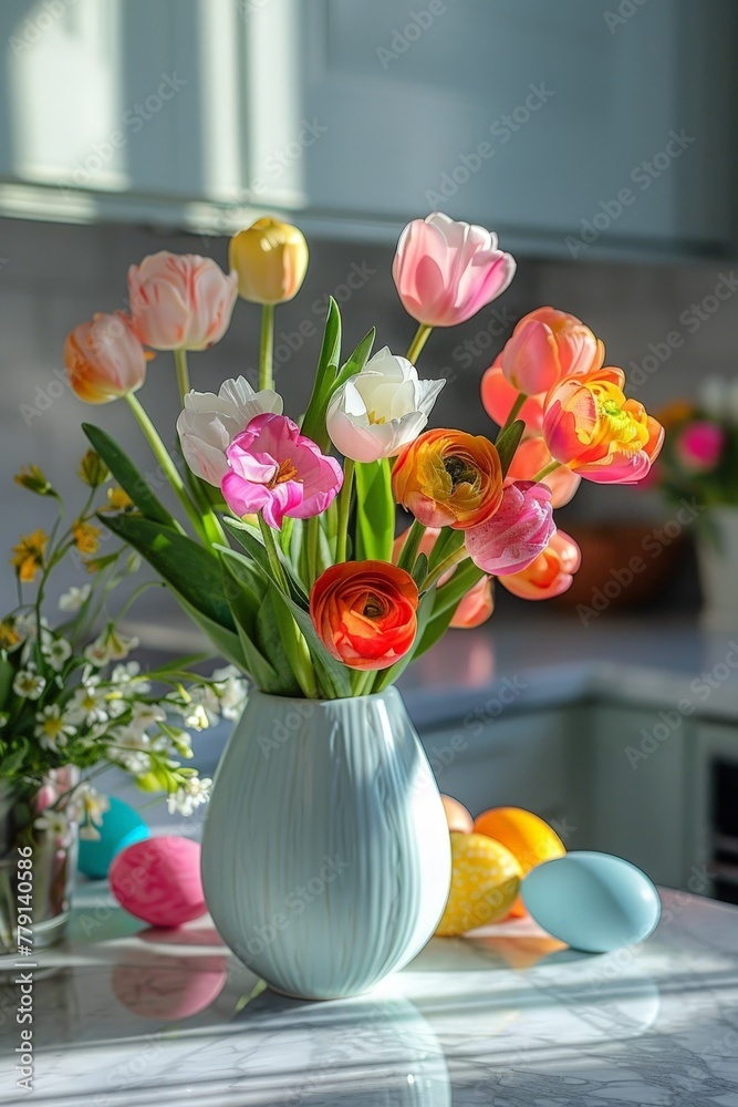 Poster A vibrant vase brimming with an array of colorful flowers adorns a table, creating a beautiful and lively centerpiece