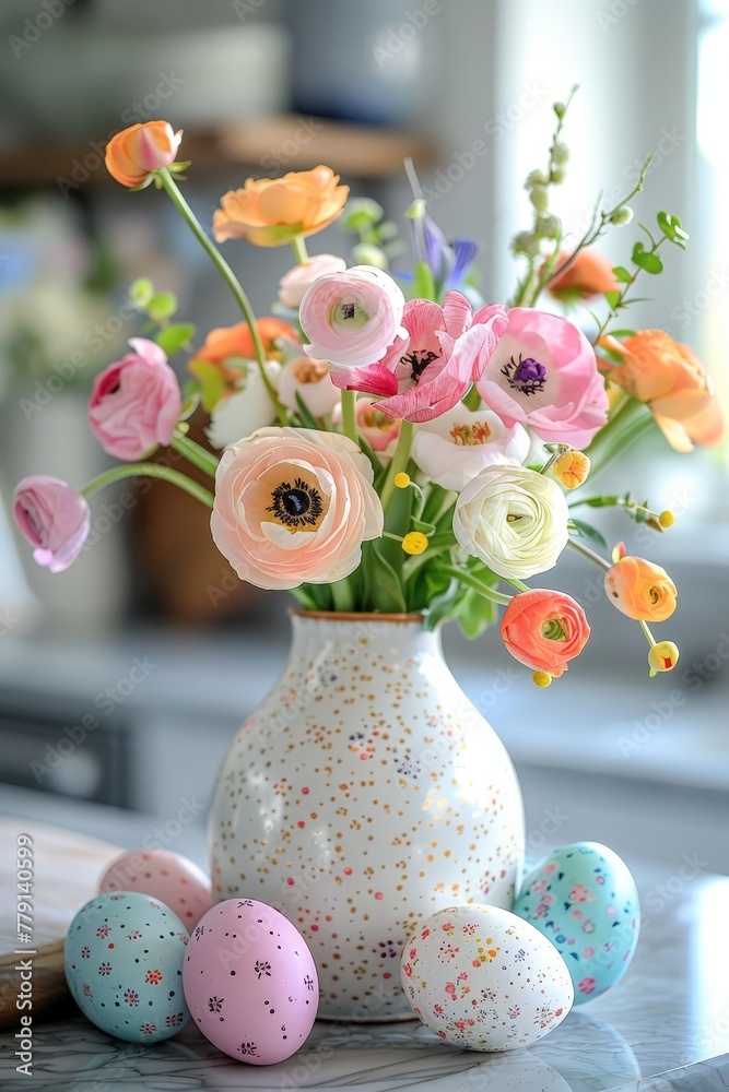 Poster a colorful vase filled with a variety of flowers and easter eggs displayed on a wooden table, creati