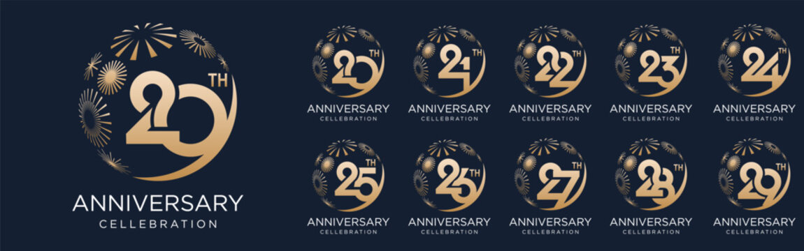 set of 20 to 29th anniversary logotype design, with golden fireworks for celebration event, wedding, and birthday, vector illustration