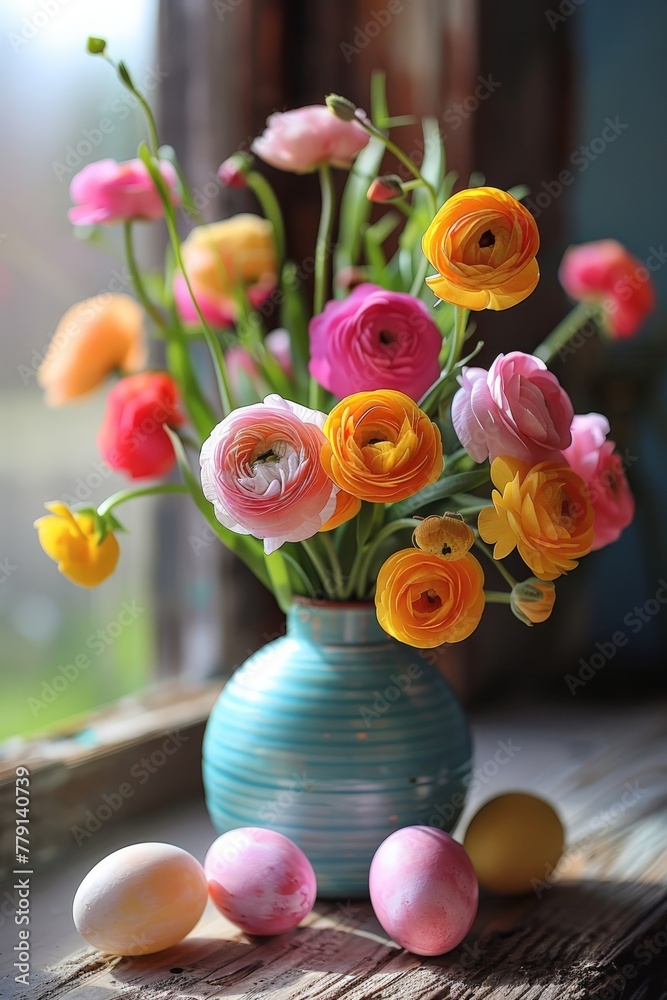 Poster A vibrant array of colorful flowers burst from a blue vase, creating a stunning visual display of natures beauty and diversity