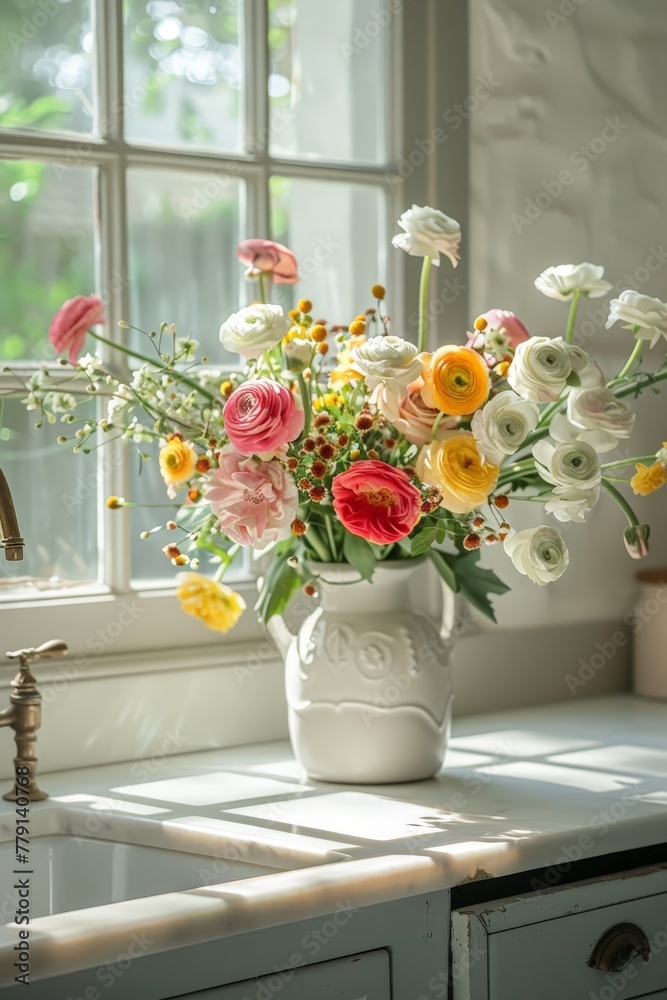 Aufkleber a white vase overflows with a vibrant array of flowers, showcasing a lively burst of color and beaut