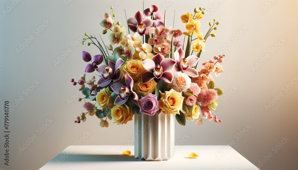 Poster A white vase overflowing with a vibrant array of colorful flowers, creating a lively and cheerful display of natures beauty