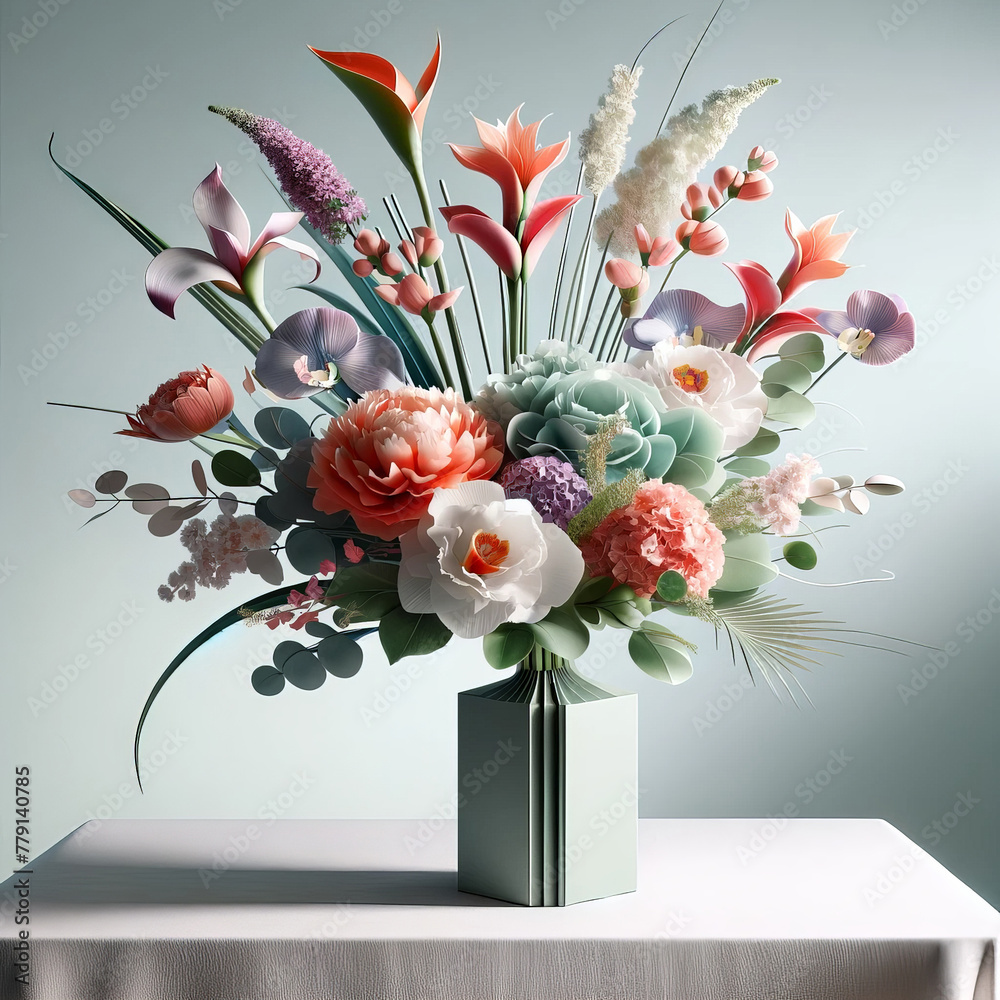 Poster a vibrant vase overflowing with an array of colorful flowers, resting gracefully on a wooden table