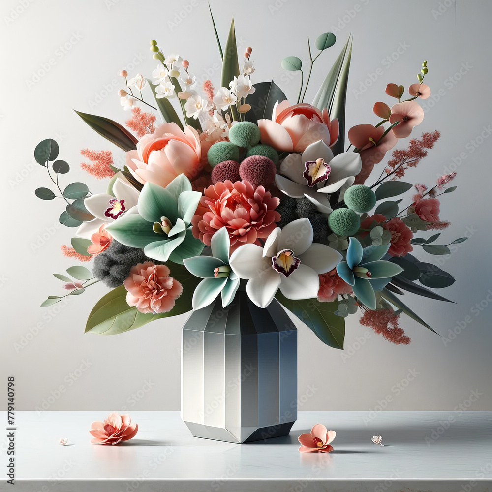Poster a table adorned with a vibrant vase overflowing with a plethora of colorful flowers