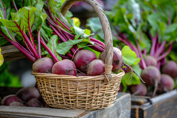 Fresh beetroots in wicker basket, vibrant green leaves, organic produce market - Powered by Adobe