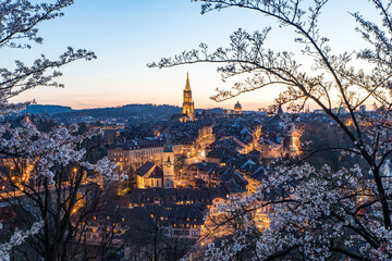 Series - City of Bern at sunset, long time exposire, view from Rosengarten with cherry blossoms in...