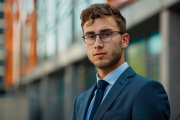 Fototapeta premium A man wearing glasses and a suit stands in front of a building
