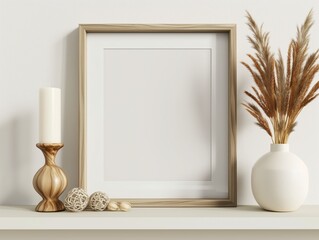Mock up poster frame close up on shelf with decoration