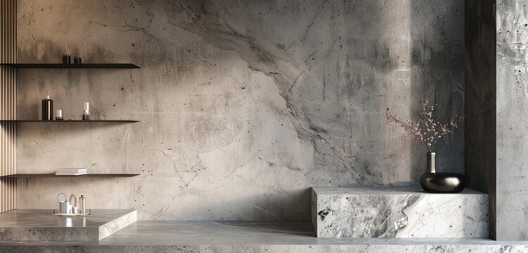 An elegant kitchen corner where marble shelving meets a concrete wall, creating a visually striking nook that combines the best of natural and man-made textures. 32k, full ultra HD, high resolution