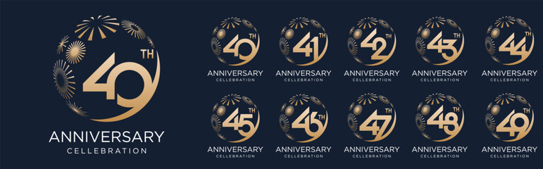 set of 40 to 49th anniversary logotype design, with golden fireworks for celebration event, wedding, and birthday, vector illustration - obrazy, fototapety, plakaty