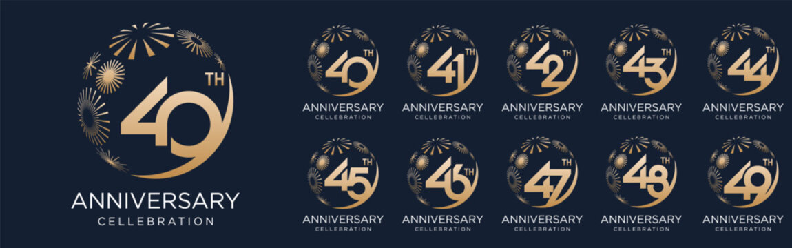 set of 40 to 49th anniversary logotype design, with golden fireworks for celebration event, wedding, and birthday, vector illustration