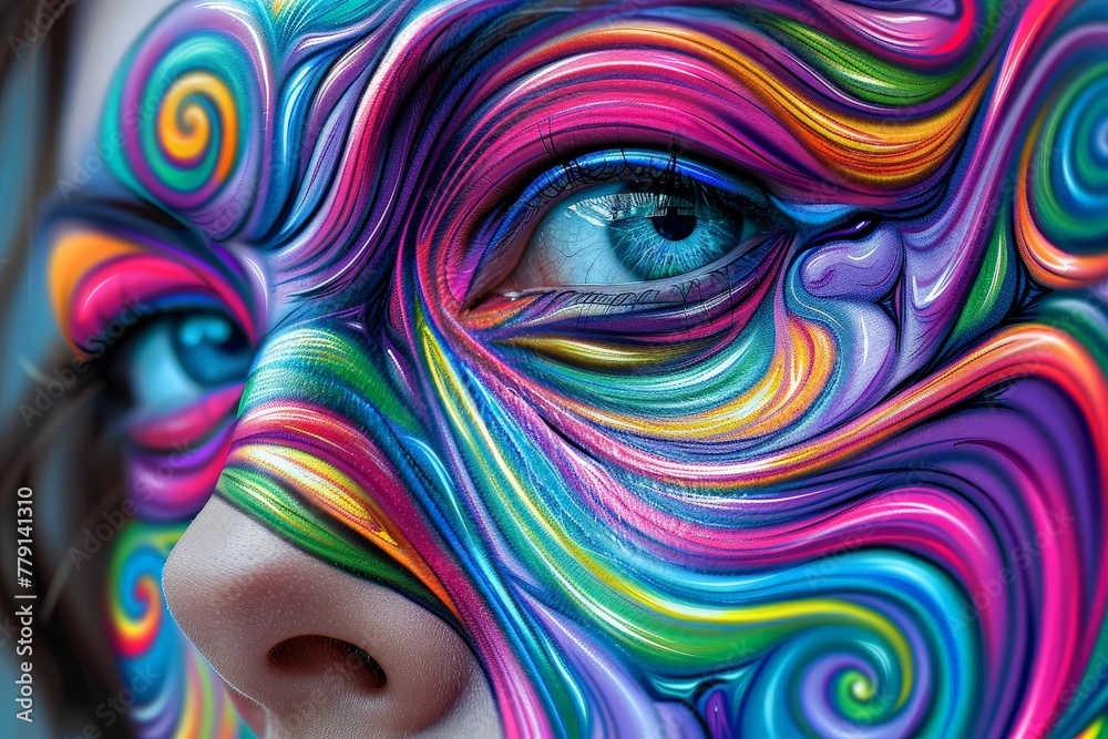 Poster A womans face serves as a canvas for a spectrum of vibrant multicolored paints, creating a mesmerizing and surreal artistic display