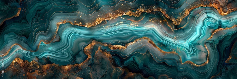 Poster Swirling patterns of blue and gold dance across the canvas in a harmonious blend of colors, creating a sense of movement and depth