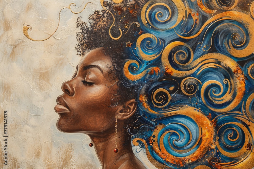 Poster a mesmerizing painting of a womans head adorned with intricate spirals, creating a surreal and dream