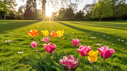 Fototapeta premium Colorful tulips in the grass on a sunny spring day. Beautiful spring natural background