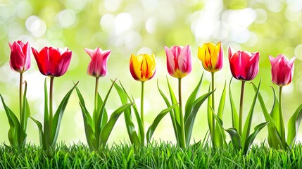Colorful tulips in the grass on a sunny spring day. 
Beautiful spring natural background