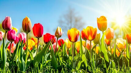 Colorful tulips in the grass on a sunny spring day. 
Beautiful spring natural background
