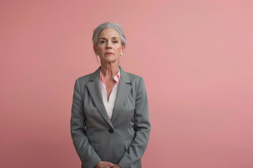 A woman in a grey suit stands in front of a pink background