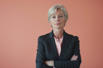 A woman with her arms crossed is wearing a black jacket and a pink shirt