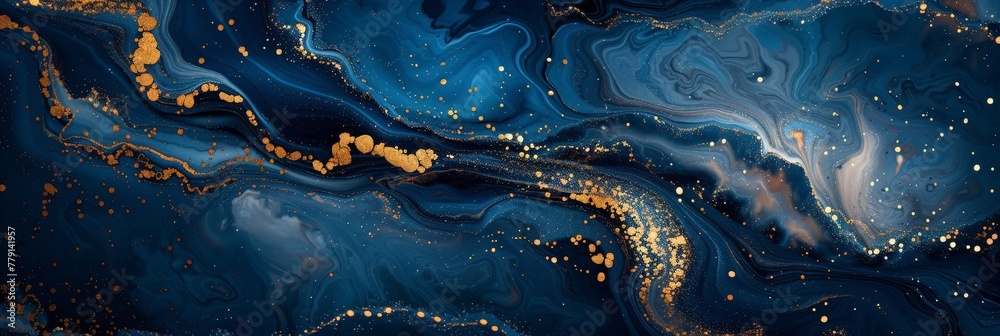 Poster swirling streaks of blue and gold intertwine in a mesmerizing dance, creating a sense of tranquility