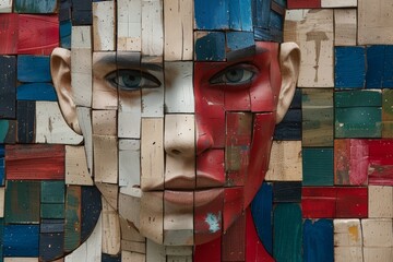 A womans face constructed entirely from wooden blocks, depicting a stunningly creative and imaginative piece of artwork