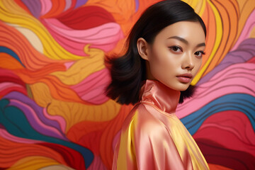 Stylish Asian woman in silk outfit with artistic colorful abstract background, fashion portrait with bold creative expression

