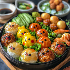 An intricately designed bento box filled with animal-shaped rice balls and accompanying side...