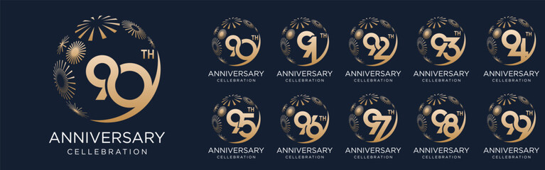set of 90 to 99th anniversary logotype design, with golden fireworks for celebration event, wedding, and birthday, vector illustration - obrazy, fototapety, plakaty