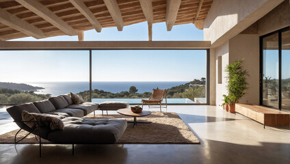 Lujoso salón estilo contemporáneo con vistas panorámica al mar Mediterráneo