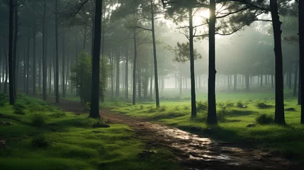 Poster misty morning in the forest. © Shades3d
