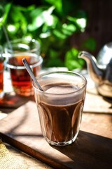 Hot cocoa,  thai style traditional hot tea, background image, morning light