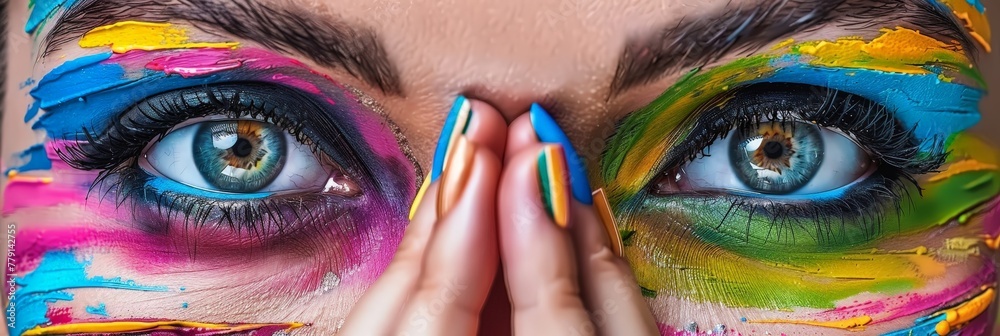 Poster a womans face adorned with vibrant, colorful paint, creating a kaleidoscope of hues and patterns tha