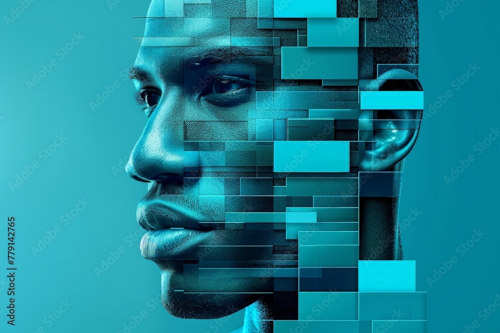 Poster a mans face is creatively composed of intricate squares, forming a unique and artistic representatio