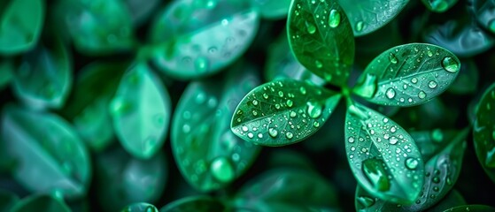   A tight shot of verdant leaves, studded with water droplets All leaves are an unbroken shade of green - obrazy, fototapety, plakaty