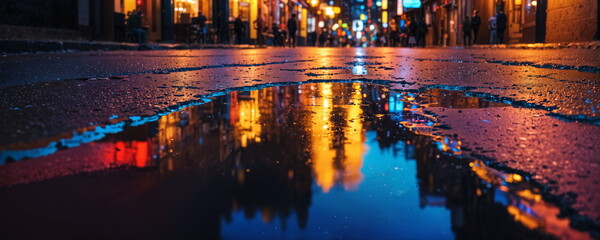 A person walks down a vibrant city street at night, with neon signs reflecting on the rain-soaked pavement, creating a colorful atmosphere.