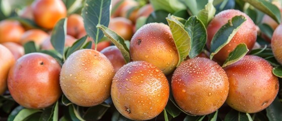   A tight shot of juicy peaches dangling from a tree, adorned with water droplets at their summits