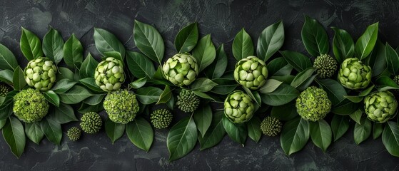   Green flowers and leaves against a black backdrop, framed by a border of verdant leaves on the left - obrazy, fototapety, plakaty