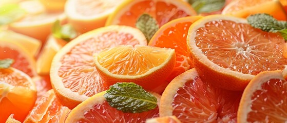   A close-up of oranges, halved, with mint leaves atop each slice