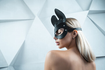 sexy woman in black role play game mouse mask, female in kinky leather facial accessory, role play...