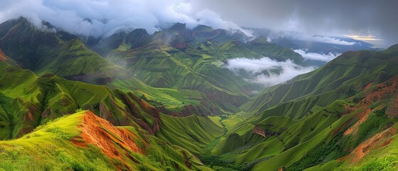   A panorama of mountains from an elevated vantage point, cloud-specked sky above, verdant grass below - obrazy, fototapety, plakaty