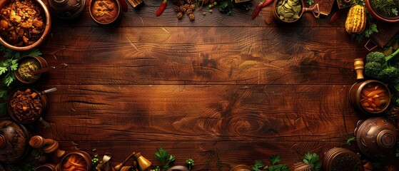   A wooden table, laden with various pots and pans brimming with diverse dishes - obrazy, fototapety, plakaty