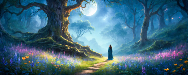 A cloaked person stands on a forest path surrounded by vibrant flowers, gazing at a giant tree bathed in moonlight. - obrazy, fototapety, plakaty