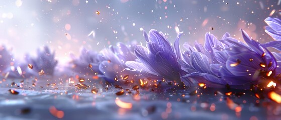   A cluster of purple blooms hovering above a water surface, with droplets clinging to their undersides - obrazy, fototapety, plakaty