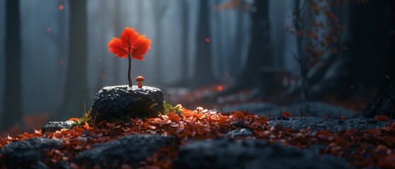   A red tree, tiny yet vibrant, perches atop a rock in a forest, shedding leaves beneath its boughs - obrazy, fototapety, plakaty