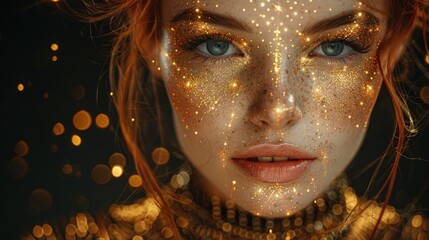   A tight shot of a woman's face adorned with gold glitter Necklace encircling her neck