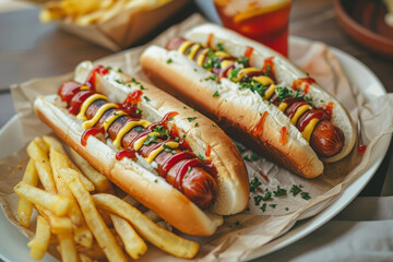 Hot dog with drink and fries. Generative AI