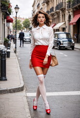A stylish woman strides forward on a city street, her white blouse complementing her red skirt and high heels, while the evening light reflects softly.